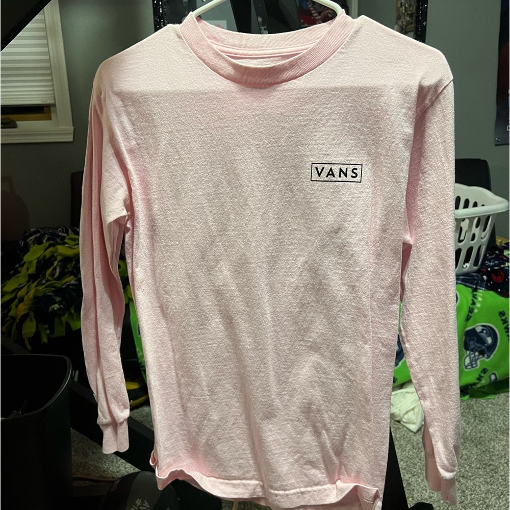 Pink Vans long sleeve. Checkered pattern running down sleeves.